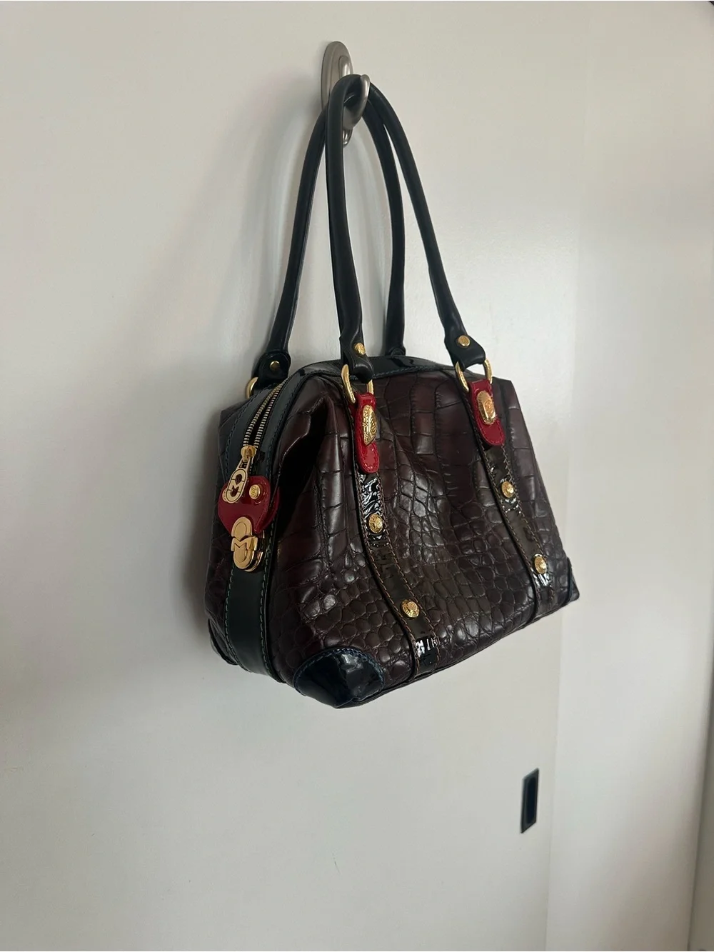 Marino Orlando Stylish Croc-Embossed Satchel Handbag in Deep Burgundy and Black